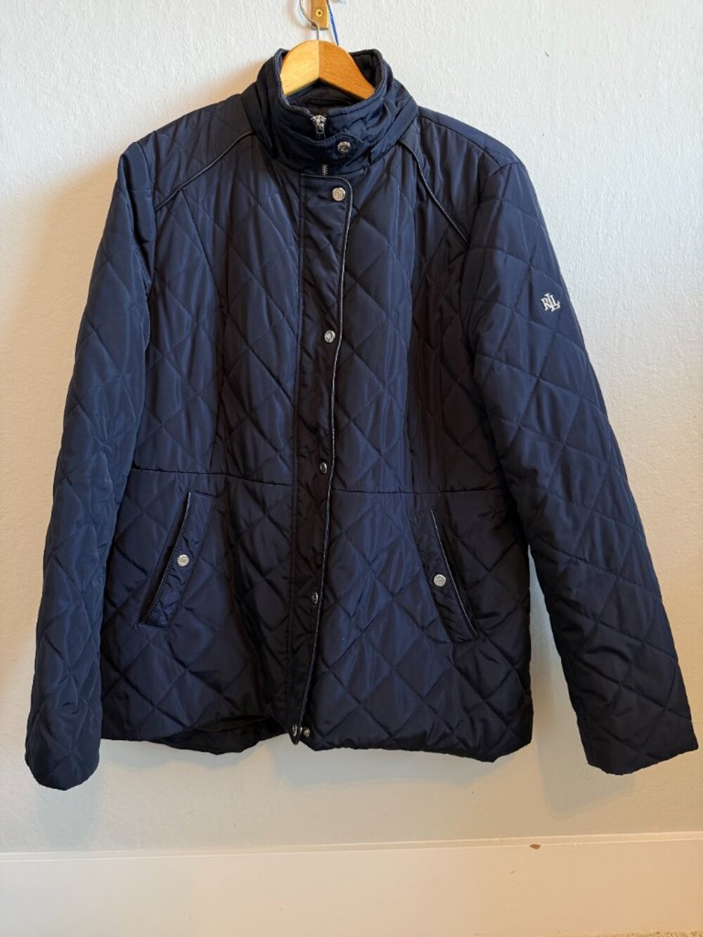 Lauren Ralph Lauren Navy Quilted Jacket Women XL Faux Leather Trim LRL - Picture 7 of 11